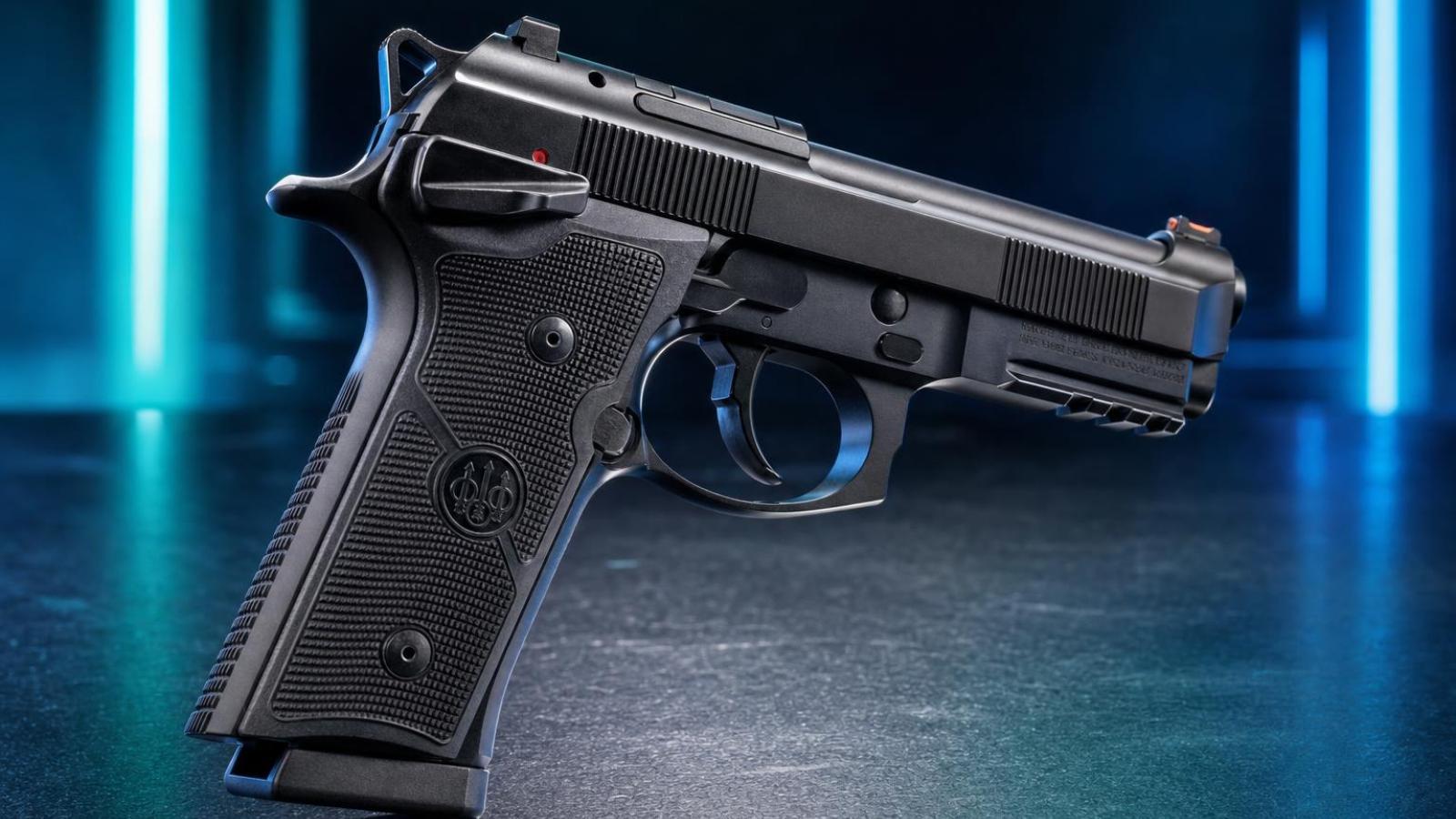 Beretta 92GTS Centurion s rámovým decockerom a prázdnou zásobníkovou šachtou.