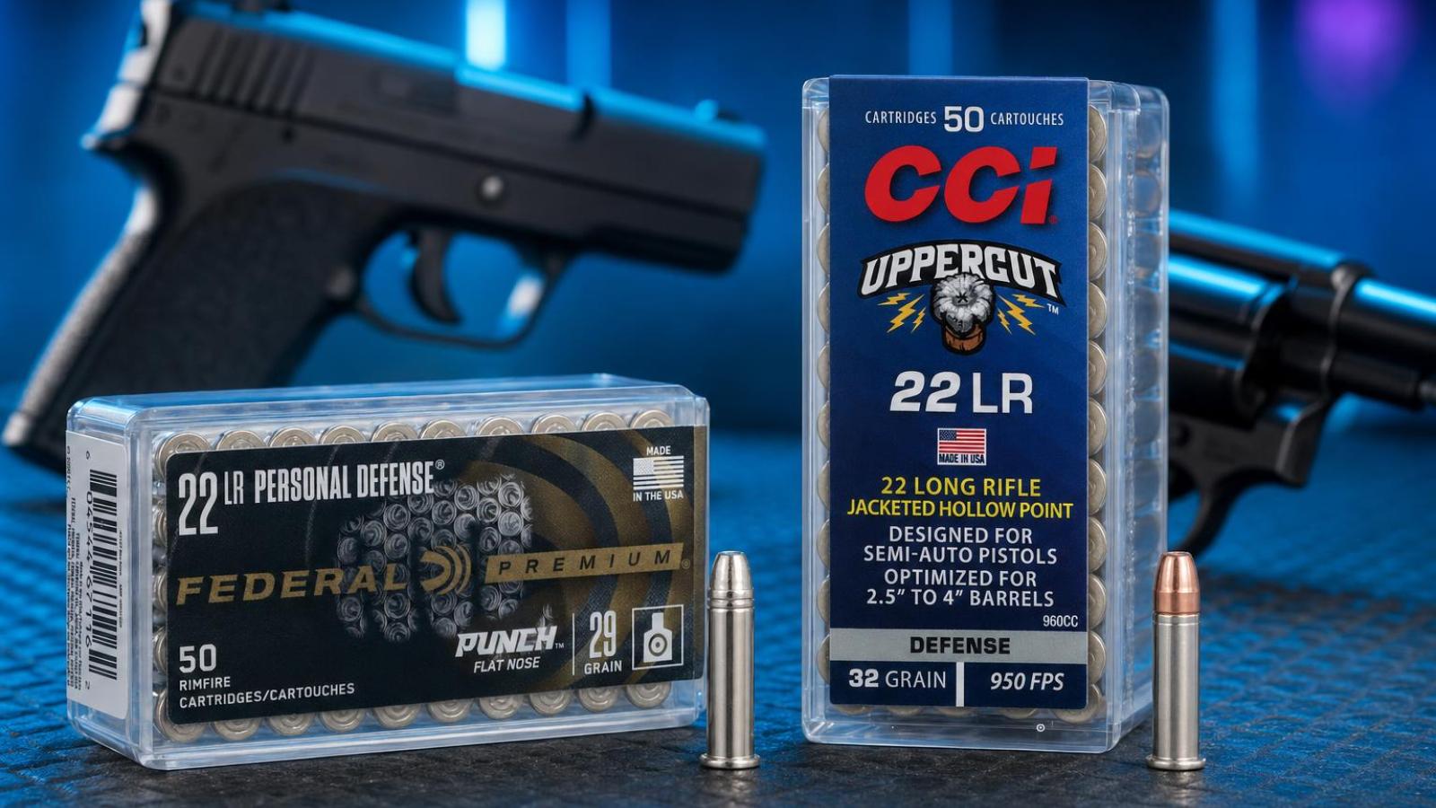 Náboje Federal Punch a CCI Uppercut .22 LR s plochou a dutinovou strelou.