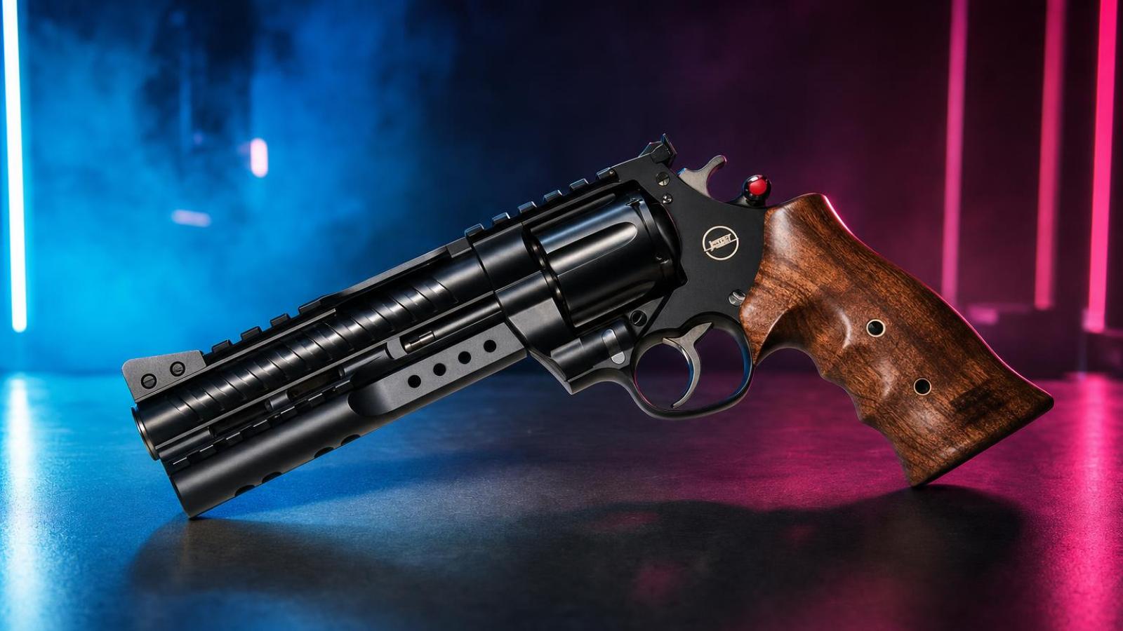 Šesťpalcový revolver Korth NXR .44 Magnum s odvetraným plášťom a orechovými črienkami.