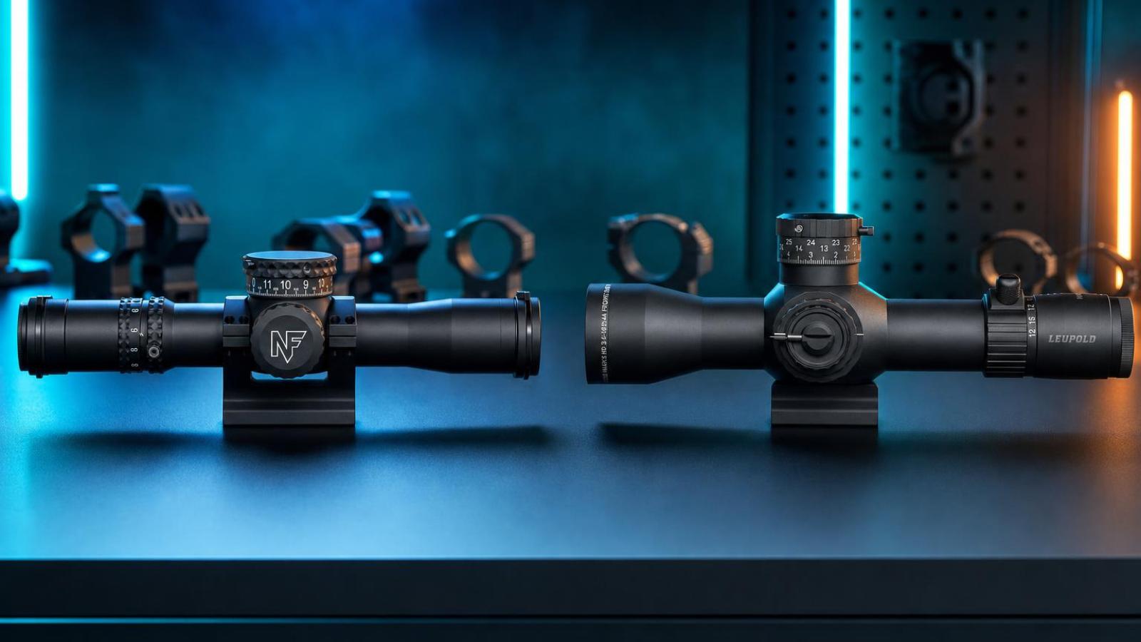 Puškohľady Nightforce ATACR 4–16×42 F1 a Leupold Mark 5HD 3,6–18×44 vedľa seba.