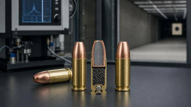 Náboje 9 mm Luger a rez nábojom s bezolovnatou zápalkou na laboratórnom stole.