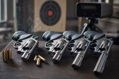 Dvoj-, štvor- a šesťpalcový revolver s nábojmi .357 Magnum na streleckom stole.