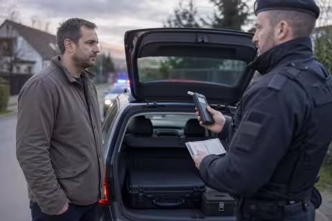 Policajná dychová skúška pri aute s uzavretým kufrom na zbraň v batožinovom priestore.
