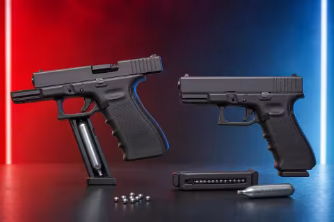CO₂ pištole Umarex GLOCK 17 Gen4 s blowbackom a GLOCK 19 Gen3 s pevným záverom vedľa zásobníkov a bombičiek.