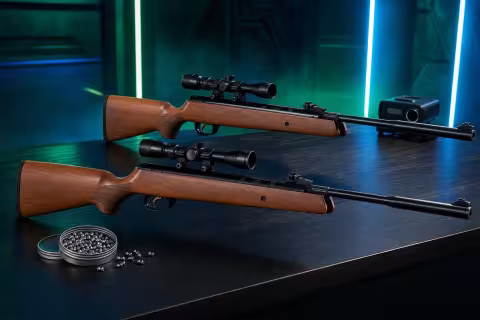 Hatsan Mod 95 Spring a Hatsan Mod 95 Vortex položené vedľa seba pri porovnávacom teste.