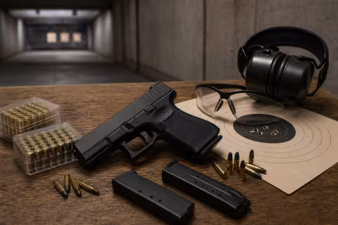 Malokalibrová pištoľ, zásobníky a náboje .22 LR na pulte strelnice.