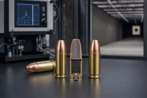 Náboje 9 mm Luger a rez nábojom s bezolovnatou zápalkou na laboratórnom stole.