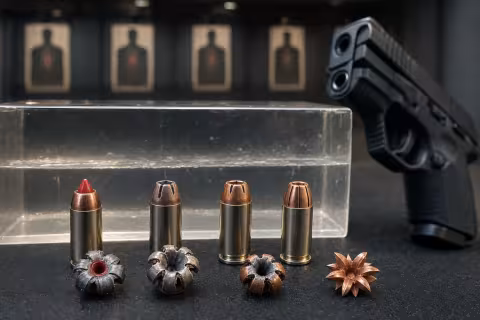 Štyri rozdielne obranné náboje .380 ACP pred blokom balistického gélu.