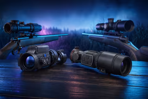 Termovízne predsádky Pulsar Krypton 2 FXG50 a InfiRay Mate MAH50R vedľa puškohľadov.