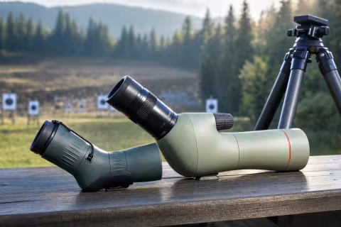 Swarovski ATC 17–40×56 a Kowa TSN-553 na stole strelnice vedľa ľahkého statívu.