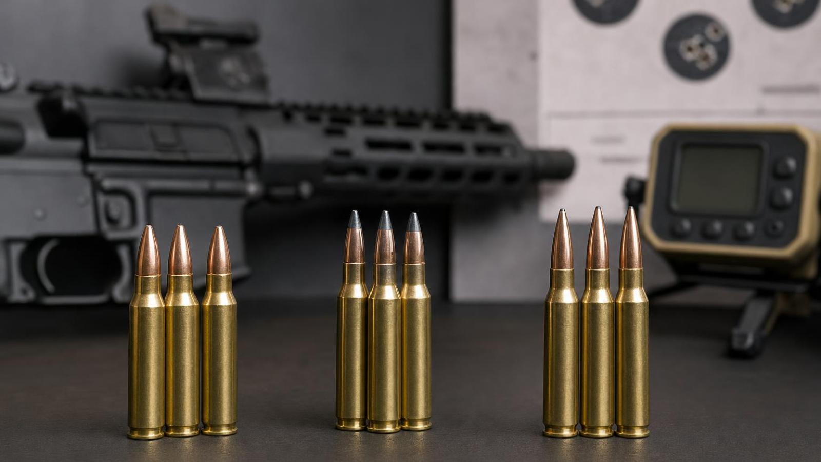 Náboje .223 Remington s 55, 62 a 77 gr strelami pri krátkej karabíne.