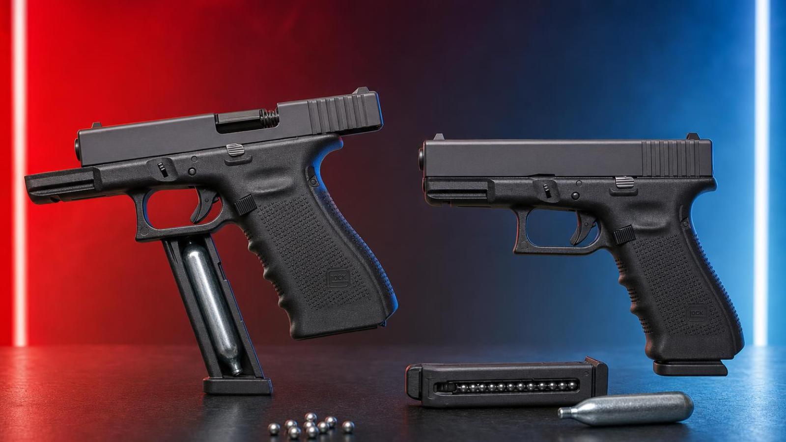 CO₂ pištole Umarex GLOCK 17 Gen4 s blowbackom a GLOCK 19 Gen3 s pevným záverom vedľa zásobníkov a bombičiek.
