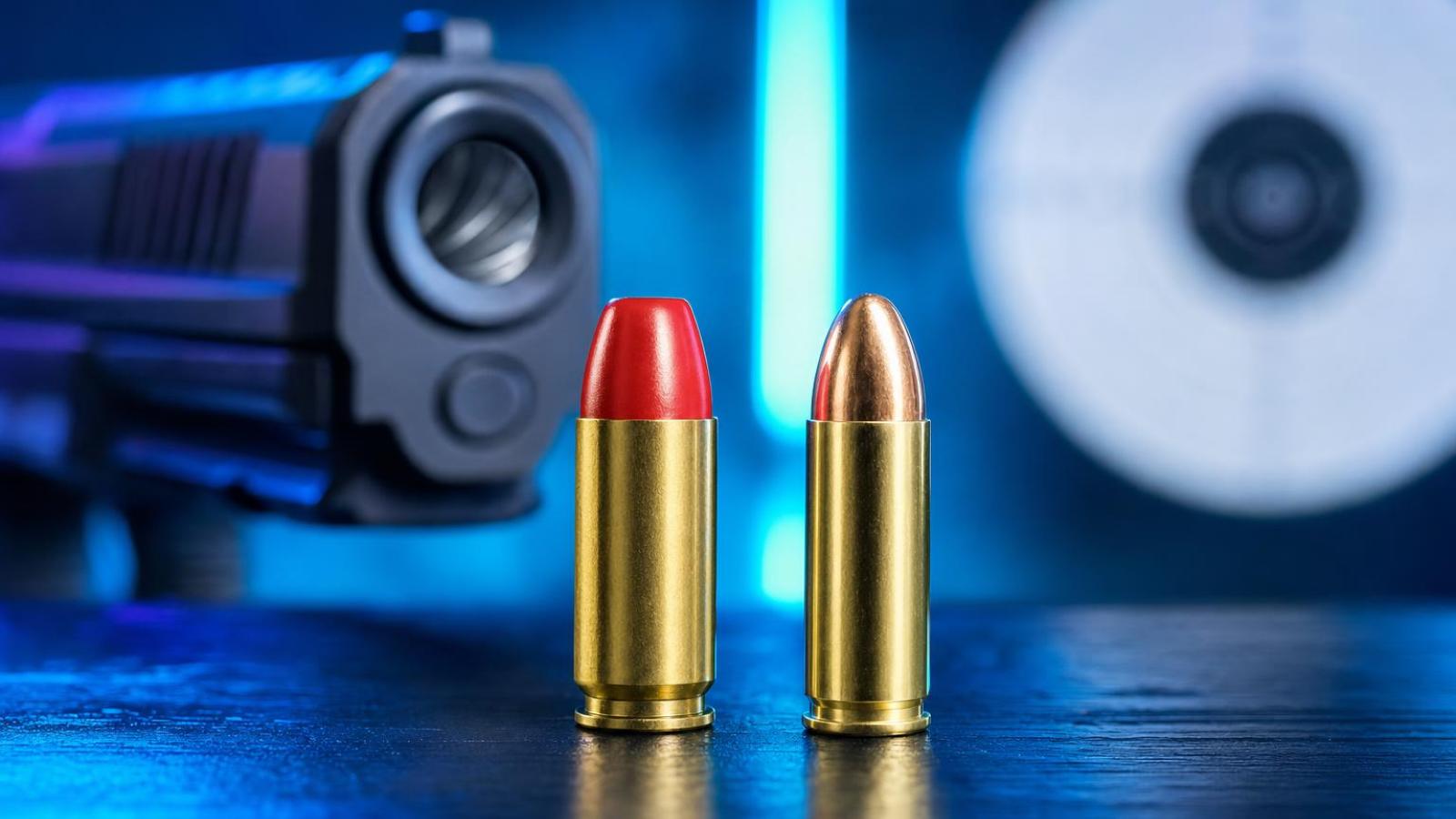 Červený náboj Federal Syntech Range 124 gr vedľa klasického 124 gr FMJ v kalibri 9 mm Luger.