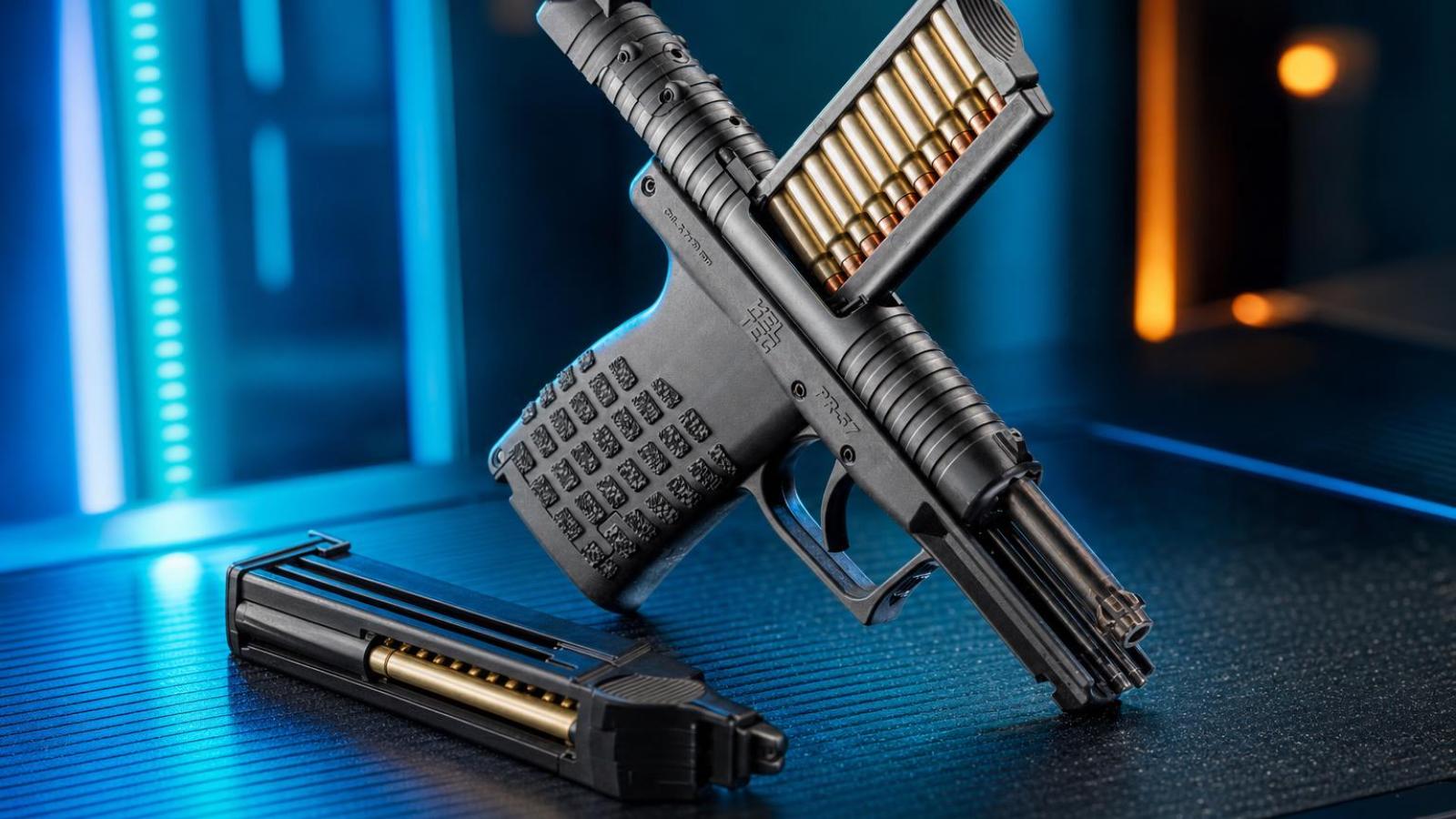 KelTec PR-5.7 s otvoreným záverom a desaťranovým nabíjacím pásikom.