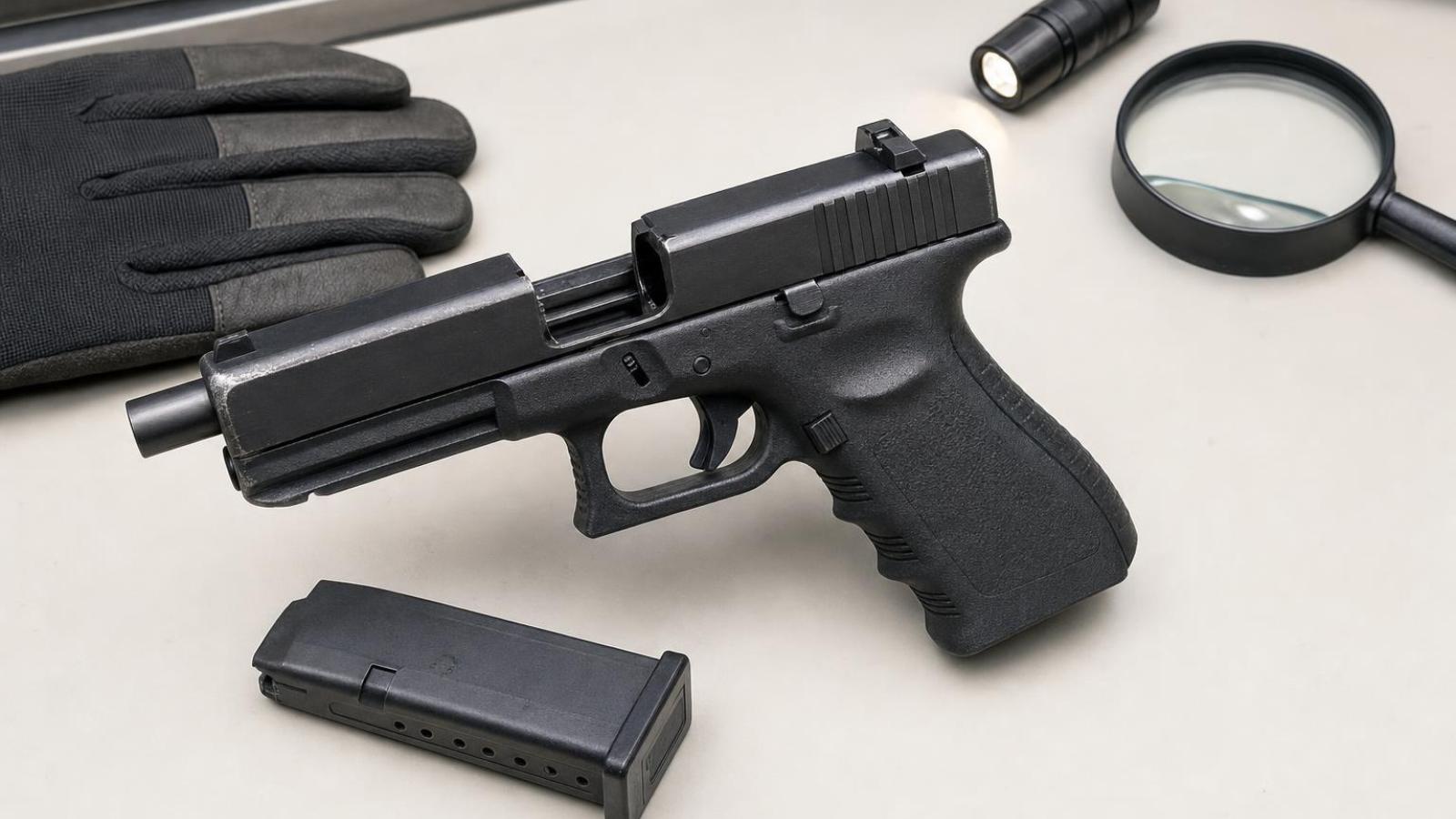Bezpečne vybitá použitá samonabíjacia pištoľ pripravená na kontrolu stavu.