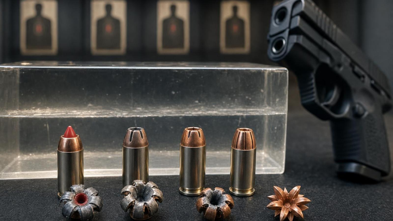 Štyri rozdielne obranné náboje .380 ACP pred blokom balistického gélu.