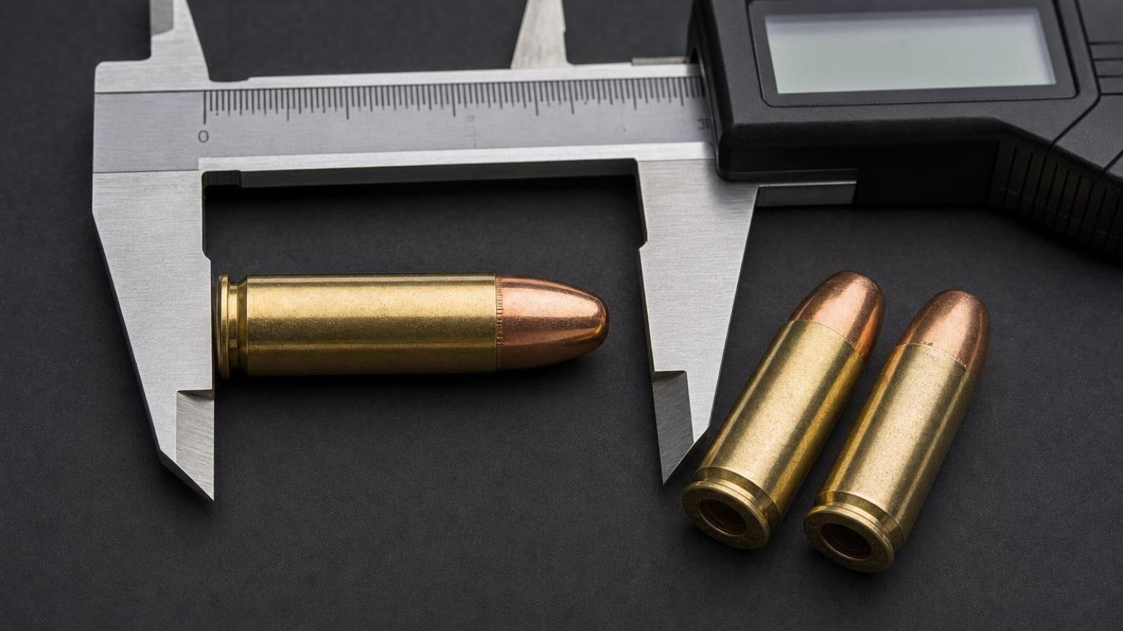 Meranie dĺžky náboja 9 mm Luger s mierne zatlačenou strelou